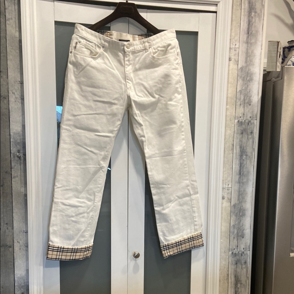 Burberry White Jeans with Plaid Cuffs